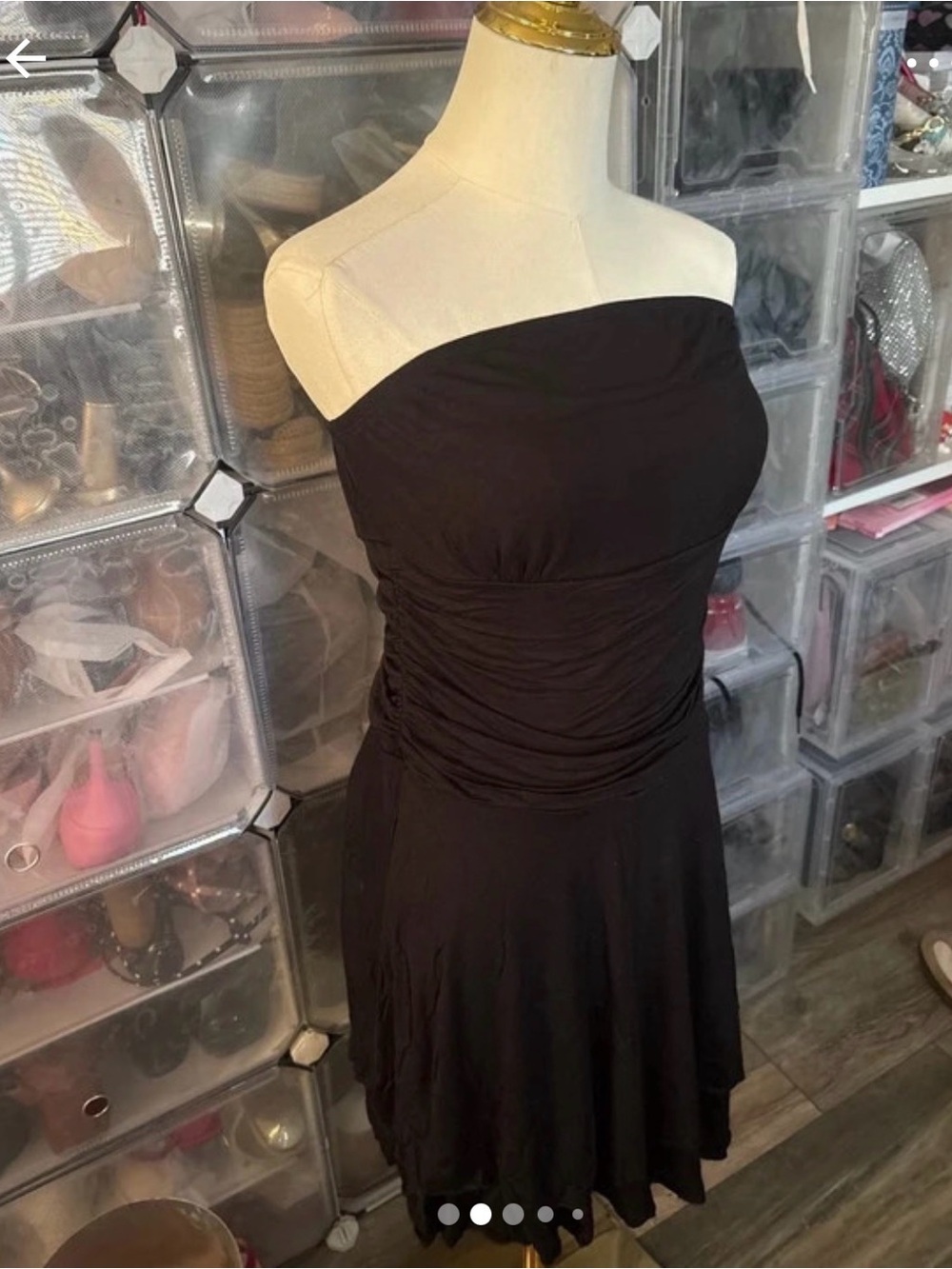 Strapless Ruched Bodice Layered Ruffle Dress - Black - Picture 3 of 5